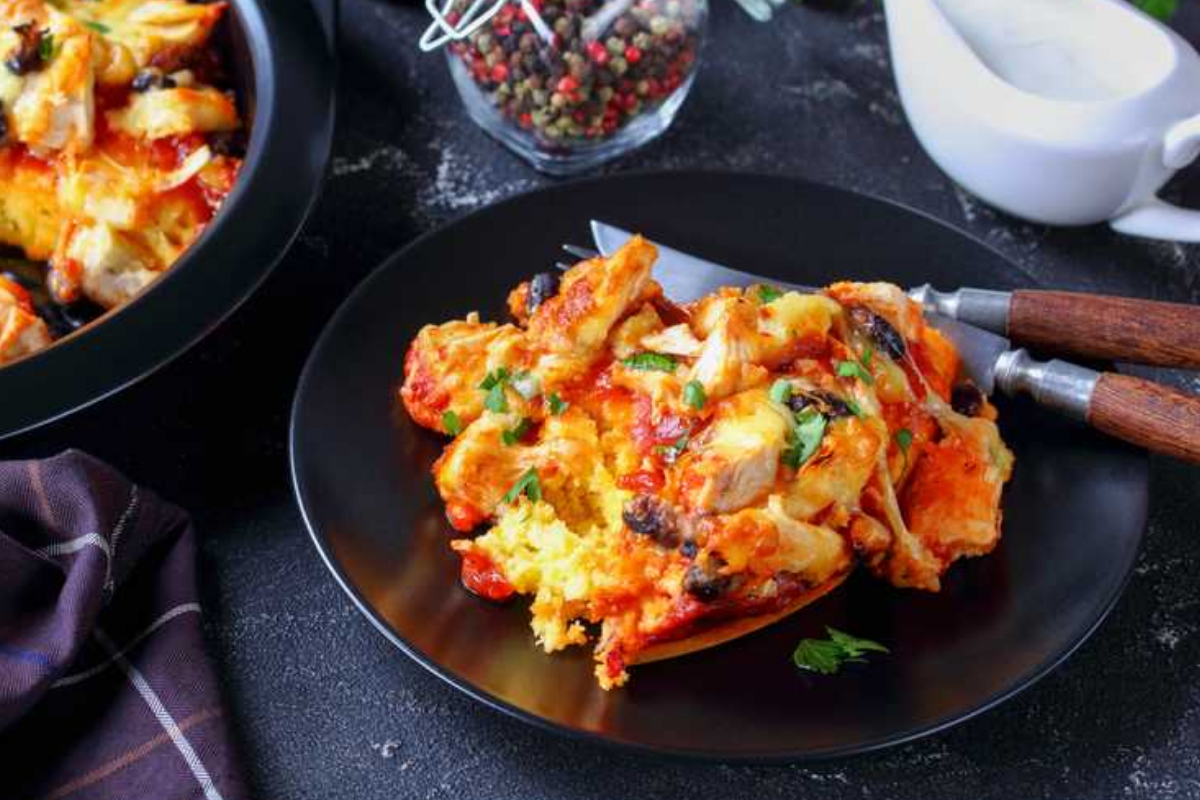 dark plate with chicken tamale finished chicken casserole recipes